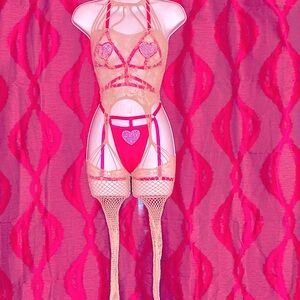 3 Piece rhinestone panty and bra with full body fishnet